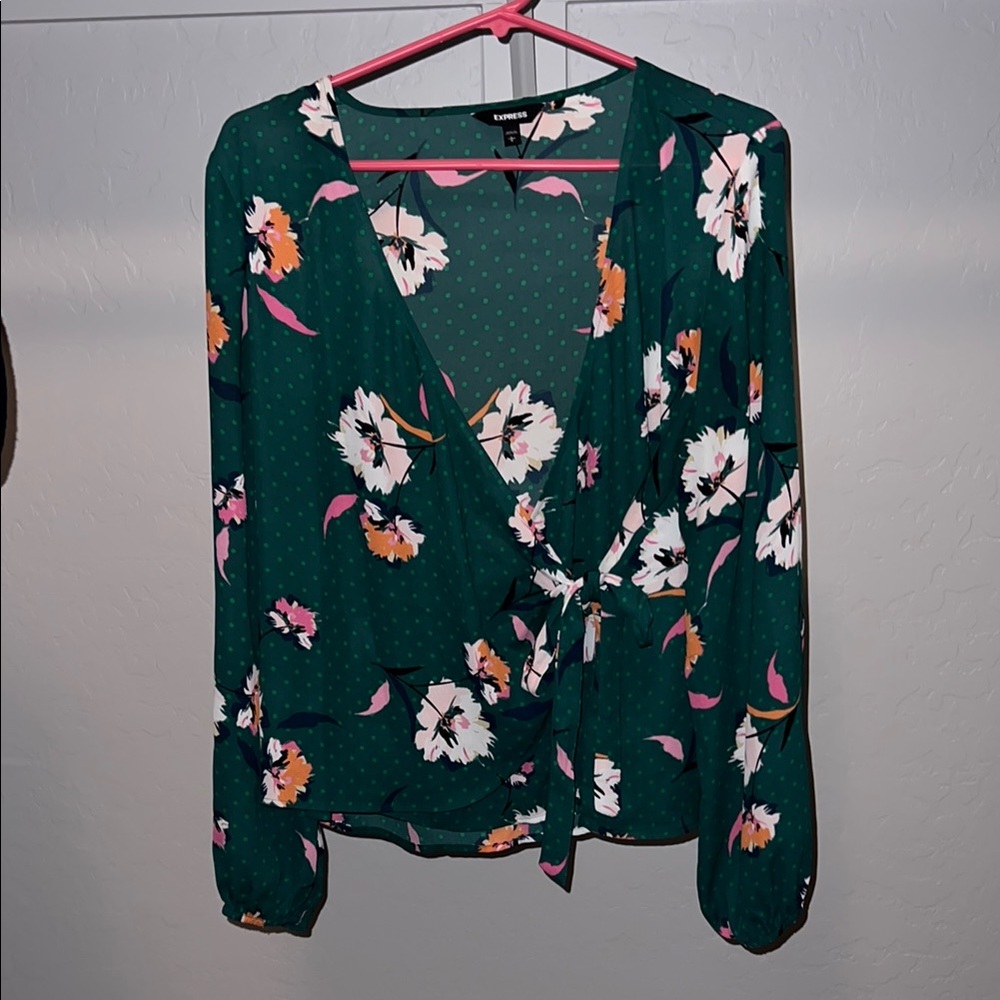 Express Green Long Sleeve Wrap Blouse